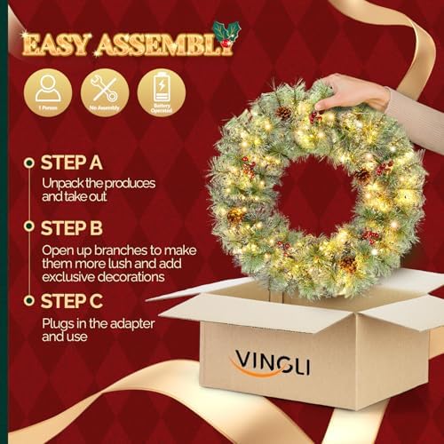 VINGLI 24" Small Christmas Wreath 2 Pack with 100 LED Battery Lights