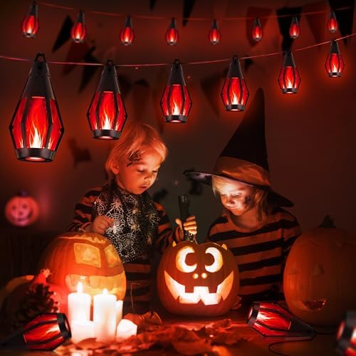 iBaycon 42FT 15 LED Solar Flame Halloween String Lights Outdoor, Red