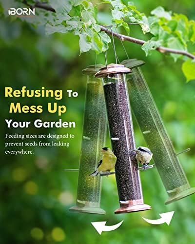 iBorn Nyjer & Thistle Bird Feeder for Outdoors Hanging，Finch Feeders for Outside，Metal Tube Bird Feeder 15 Inch with 12 Small Ports,8 Metal Perches,Copper-Plating