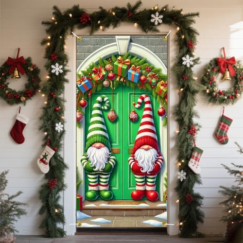 Twin Gnomes Red Green Striped Hats Christmas Door Cover 35x71in