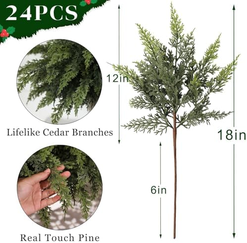 24 Pcs 18"Artificial Lifelike Touch Christmas Cedar Branches for Vase Decor