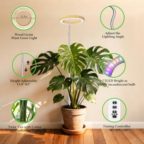 Grow Lights for Indoor Plants Full Spectrum,6.3" LED Wood Grain Plant Grow Light, 9.8-65in Height Adjustable Plant Lights Growing Lamp with Auto Timer 3H/9H/12H,10 Dimmable Levels (Wood Grain 1 Pack)