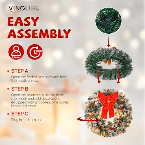 VINGLI 36" Prelit Christmas Wreath, Plug-in Artificial Wreath with 100 LED Lights & 300 Tips for Indoor Door/Window