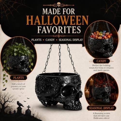 Halloween Trick Or Treat Skull Candy Bowl Hanging Gothic Skeleton Black Pot