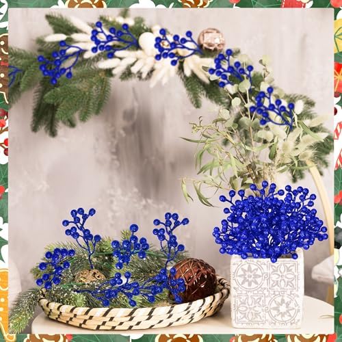 24PCS Blue Berry Stems 7.08in Christmas Tree Decorations Holly Berry Picks