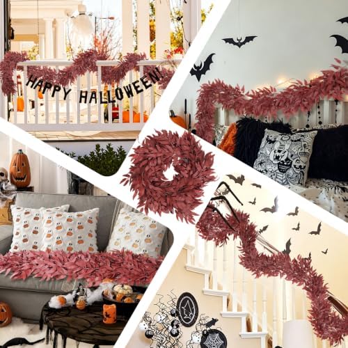 RECUTMS 2Pcs Faux Willow Leaves Vine 6Ft Full Burgundy Fall Garland