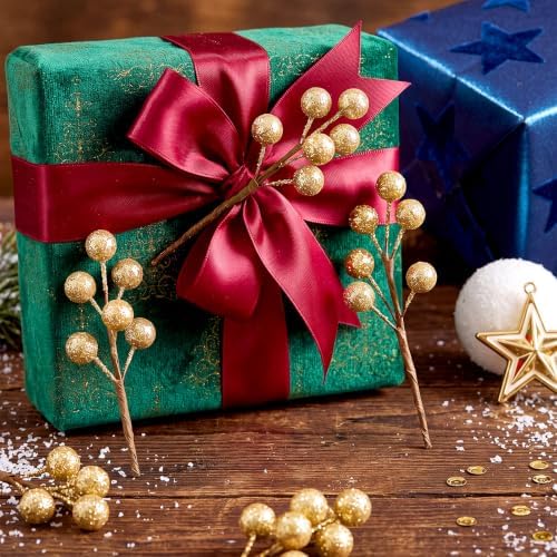 Tatuo 360 Pcs Glitter Gold Holly Berries on 60 Stems, Christmas Winter