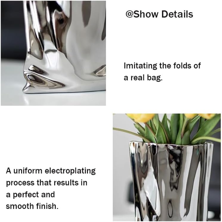 Ceramic Silver Flower Vase, Crinkle Paper Shape, Metal Decorative Home Accent (Large)