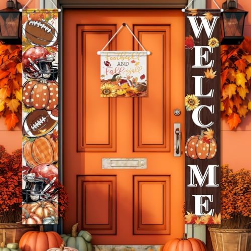 VitalCozy 3pcs Fall Decorations Football and Fall Y'all Yard Sign Thanksgiving Football Welcome Door Cover Banner Autumn Pumpkins Rustic Seasonal Farmhouse Thanksgiving Decoration Home Outdoor Decor