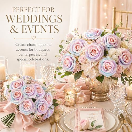 60PCS Light Rainbow Artificial Roses with Stems, Real Touch Foam Flowers