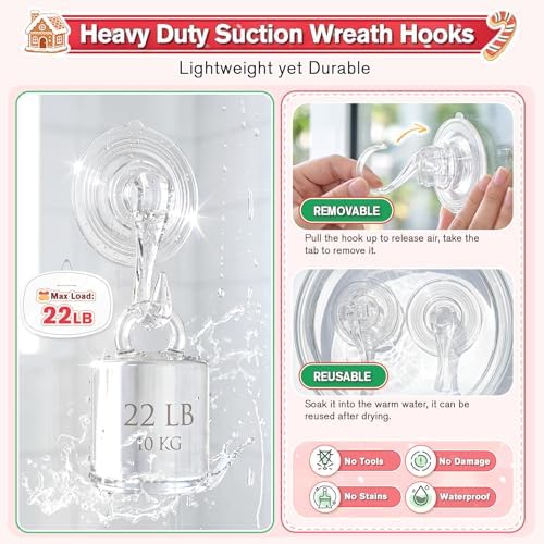 VIS'V Suction Wreath Hanger with Wipes, 22 Lb Capacity, Large, Clear, 8 Pcs
