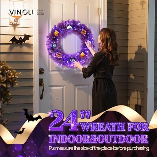VINGLI 24" Purple Christmas Wreath with Battery LED Lights, Colorful Decor
