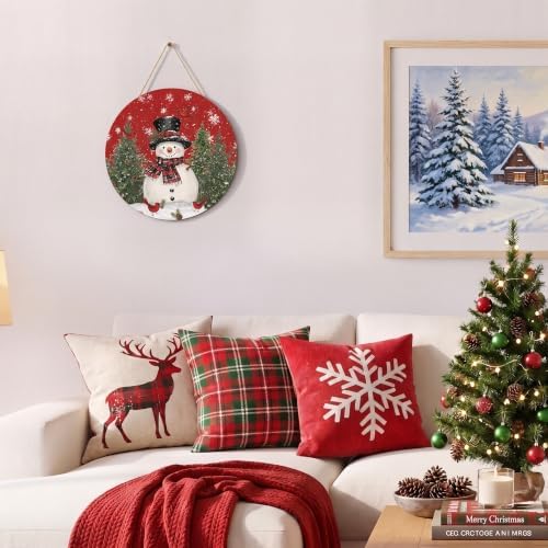 Smile Merry Christmas Round Door Sign Red Wreath Snowman Decor