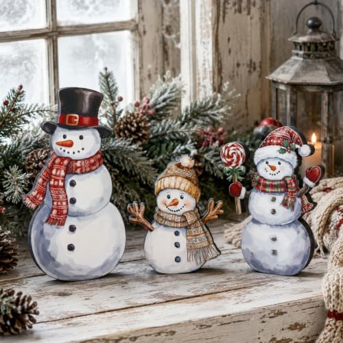 Suzile 3 Pcs Wooden Snowman Figurines, Christmas Tabletop Decor
