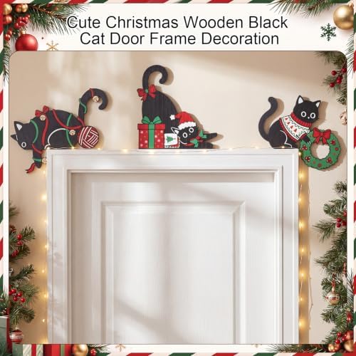 Bucherry 3 Pcs Christmas Black Cat Wooden Door Frame, Corner Decor