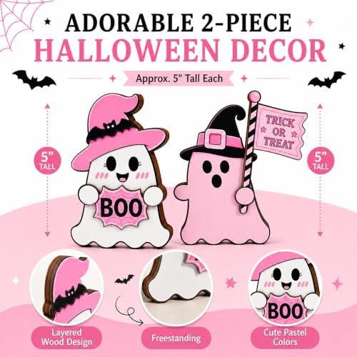 2pcs Ghost Pink Halloween Decor, Trick or Treat Wooden Plaque (Cute Ghost)