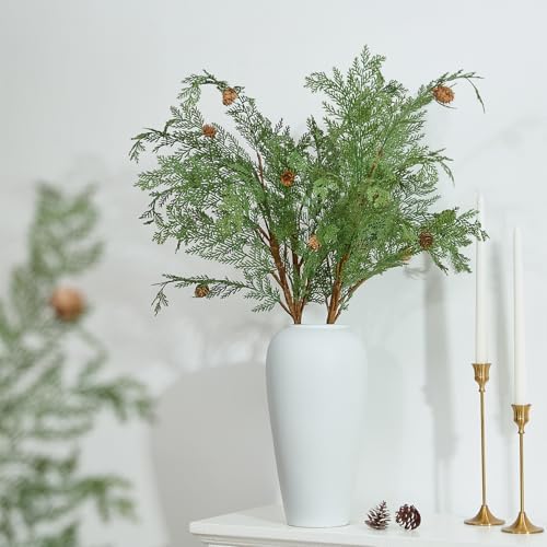 Heleze 33 Inch Faux Cedar Stems with Pine Cones, Christmas Greenery Stems Artificial Pine Branches Fake Cypress Picks for Vase Home Decor 3 Pcs
