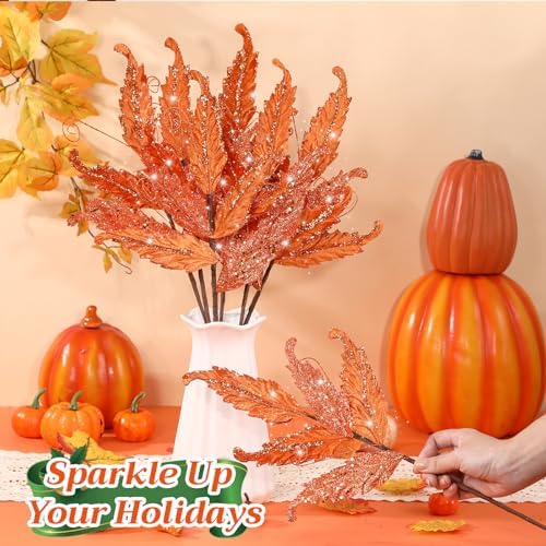 HyDren 10 Pcs Christmas Glitter Leaves Ornaments, Orange