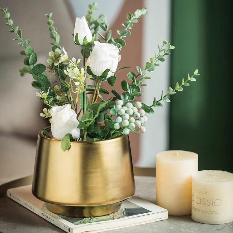 Gold Indoor Plant Pot 7 Inch Large Ceramic Planter With Drainage Hole - Modern Brass Flower Pot Centerpiece Vase