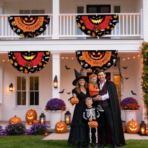 4 Pcs Happy Halloween Fan Flag Banner, Monster Eyes Yard Fence Wall Hanging Bunting Flag - Indoor/Outdoor Decoration, 1.5x3 Ft