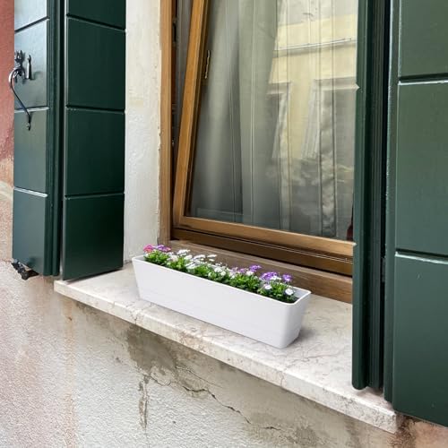 GREANER Long Window Boxes Planters, 6 Pack 16x3.8 Inch Vegetable Box Pot with Tray, Indoor Succulent Cactus Flowers Plastic Rectangle Pot for Balcony, Office, Garden, Outdoor, Windowsill - White