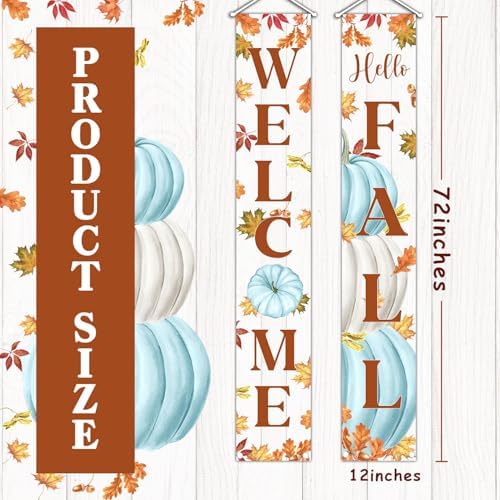 MEHOFOND Blue Pumpkin Maple Leaves Porch Banner Sign, Hello Fall Welcome Sign, 2-Pack, 71 x 12 Inches