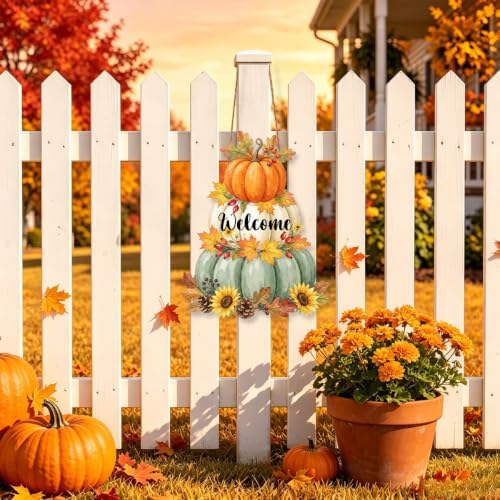 Fall Welcome Wreath Sign Wooden Pumpkins Maple leaves for Front Door