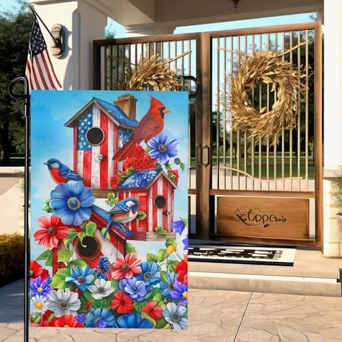 Summer Cardinal Bird Flower Garden Flag Patriotic Floral Yard Flags American Memorial Day 4th of July Flags Double Sided Rustic Farmhouse Garden Yard Seasonal Holiday Outdoor Decor 12×18 Inch
