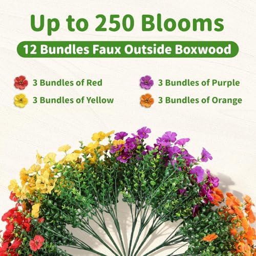 Artificial Outdoor Flowers, UV Resistant Waterproof Faux Plants, 12 Bundles