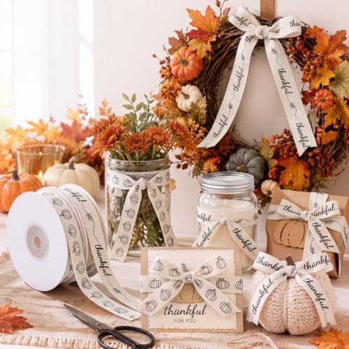 Wavwavw 20 Yards Thanksgiving Pumpkin Cotton Ribbon, 5/8 Inch, 2 Rolls