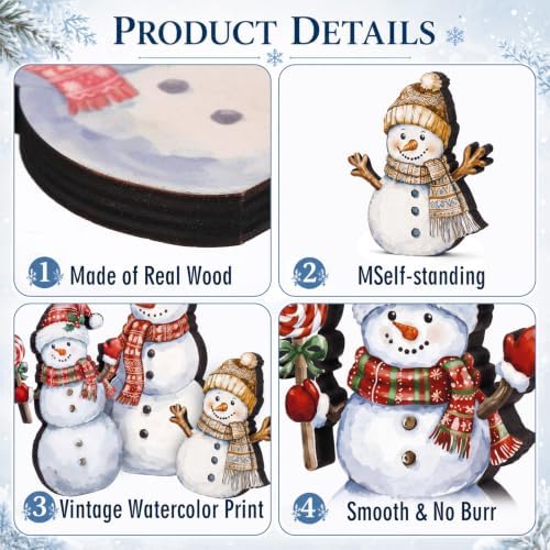 Suzile 3 Pcs Wooden Snowman Figurines, Christmas Tabletop Decor