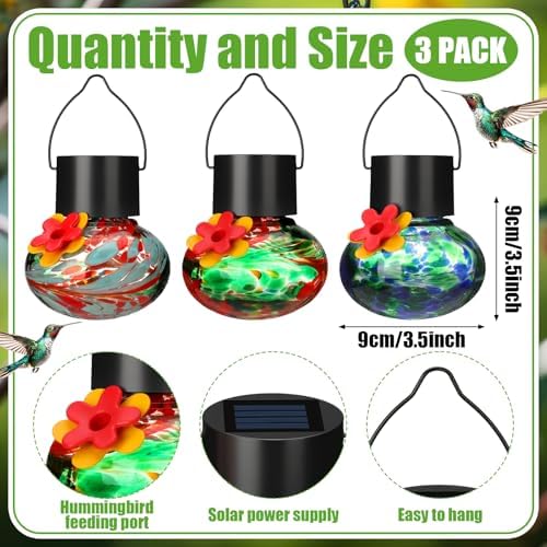 Nuogo 3 Pcs Blown Glass Hummingbird Feeder Gift Solar LED, Color B, Classic