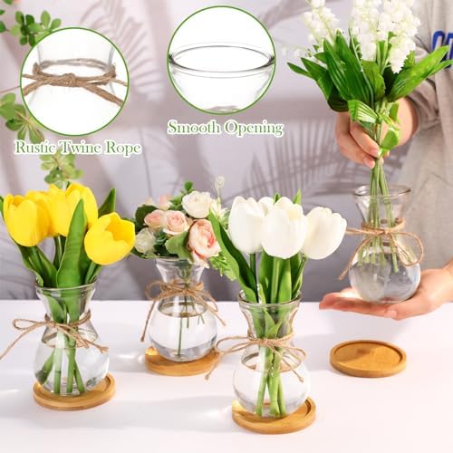Bulb Glass Vases for Flowers Forcing Hyacinth Clear Decorative Bulb Vase with Round Bamboo Coaster for Home Office Table Decoration(12 Pcs)