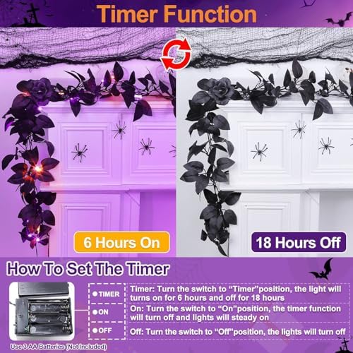Timer - 6 Ft Halloween Garland with Lights and Black Roses Halloween Decor