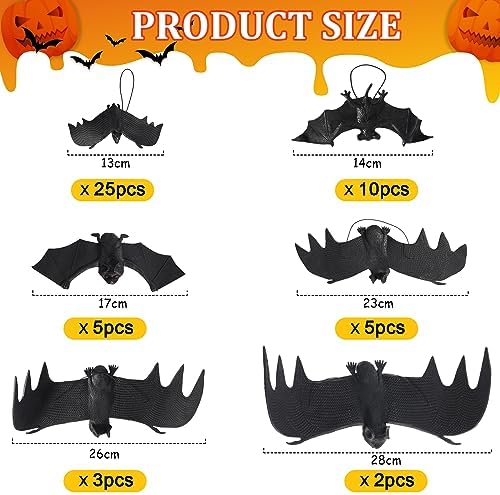 Liliful 50 Pcs Halloween Hanging Bats, Rubber, 6 Size, Black