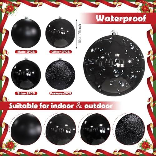 Yerliker 8 Pack 6 Inch Large Christmas Ornament Hanging Balls, Black