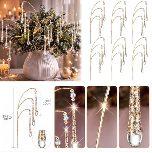 Daily 6 Pcs Crystal Icicle Christmas Tree Picks Gold Christmas Drop Branch