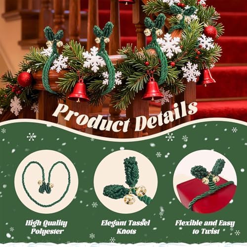 12PCS Christmas Wreaths Ties with Bell, Garland Banister Ties, Flexible Reusable Wreath Twist Tie Tie for Stairs Rail Decoration,Christmas Socks Fixing,Banner Home Decoration (Green)