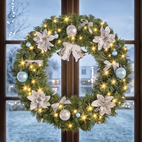 VINGLI 24 Inch Pre Lit Christmas Wreath with 50 LED Light, Battery Operated