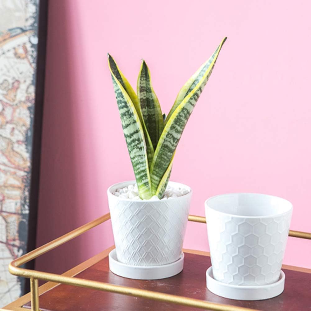 BUYMAX 5in Ceramic Flower Pots Set of 4 Plant Pot with Drainage Hole | 4 Unique Pattern Designs | Fits Most Indoor