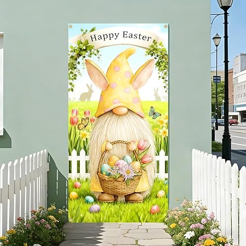 Easter Door Cover Banner with Gnome Design, Spring Front Door Decoration for Porch & Home, 35.4×70.8in with Rope