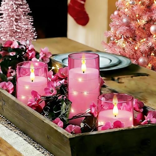 Homemory Flickering Flameless Candles, Pink LED Pillar Candles with Remote
