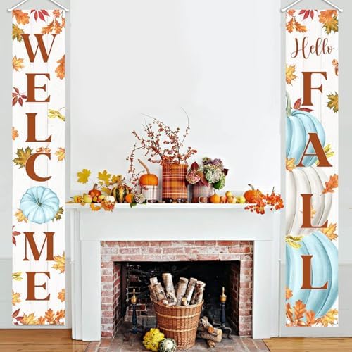 MEHOFOND Blue Pumpkin Maple Leaves Porch Banner Sign, Hello Fall Welcome Sign, 2-Pack, 71 x 12 Inches