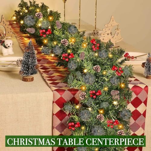 9 Foot by 10 Inch Christmas Garland - 50 LED Lights, Battery Operated Lighted Garland Wreath with Pine Cones Red Berries Lush Branches, Prelit Garland Xmas Decoration Indoor Outdoor Home Holiday