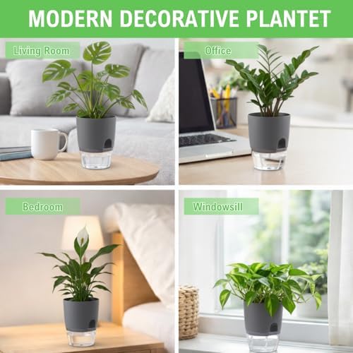 3.2 Inch Self Watering Planters 5 Pack Plastic Wicking Pots Grey