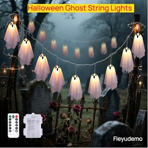 Halloween Ghost String Lights, 8.2FT 10 LED – Battery Operated with Timer, 8 Lighting Modes, Waterproof for Indoor/Outdoor, Light Up Ghost Garland, Perfect for Porch, Window, Party or Haunted House