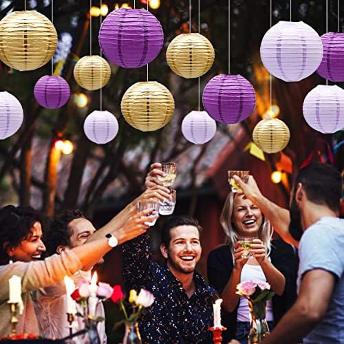 14 Pcs Purple Lavender Gold Paper Lanterns, 6-10 in Hanging Party Decor Set