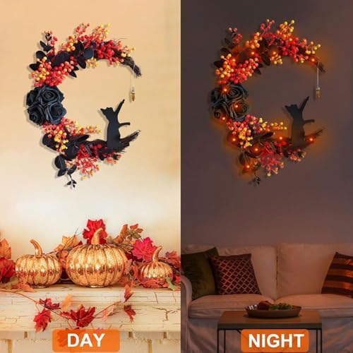 Orange Halloween Wreath with Lights, Crescent Moon Cat Door Wreath
