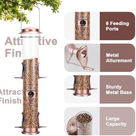 MIXXIDEA Metal Tube Bird Feeders for Outdoors - 6 Ports Hanging Feeder Attracts Wild Birds in Your Lawn, Garden, Balcony - Antique Copper - 1 Pack