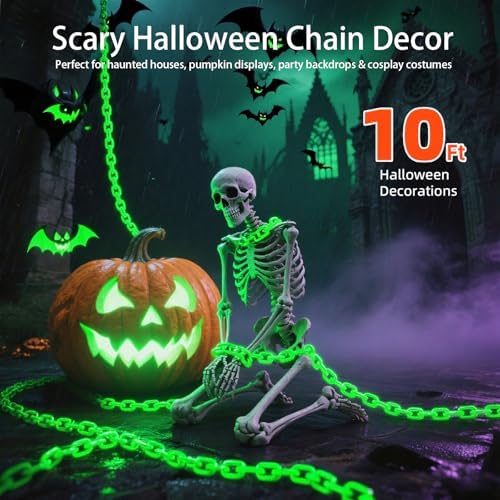 Solar Halloween Decorations Outdoor, 10FT Green Chain String Lights with 8 Modes, Waterproof Halloween Lights Outdoor for Haunted House Party Cosplay Props Skeleton Dog Yard Fence